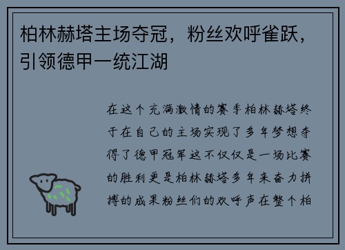 柏林赫塔主场夺冠，粉丝欢呼雀跃，引领德甲一统江湖