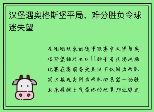 汉堡遇奥格斯堡平局，难分胜负令球迷失望