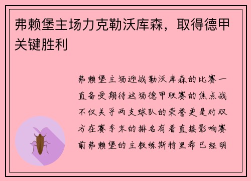 弗赖堡主场力克勒沃库森，取得德甲关键胜利