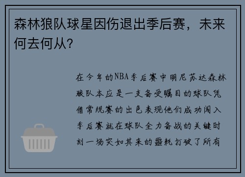 森林狼队球星因伤退出季后赛，未来何去何从？