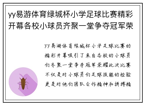 yy易游体育绿城杯小学足球比赛精彩开幕各校小球员齐聚一堂争夺冠军荣耀